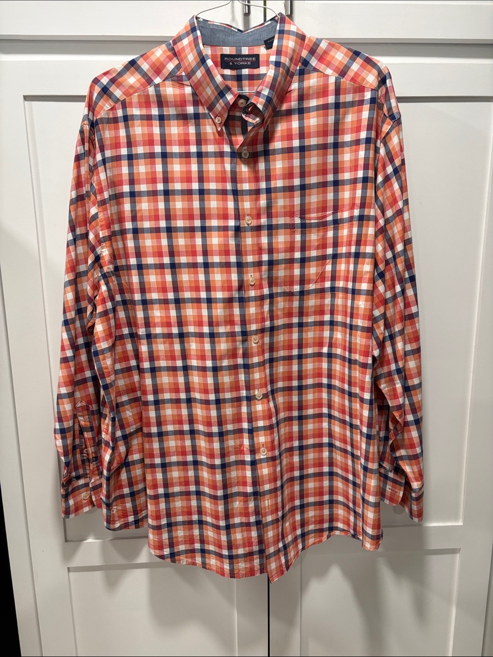 Roundtree & Yorke Orange Navy White Plaid Button-Down Shirt